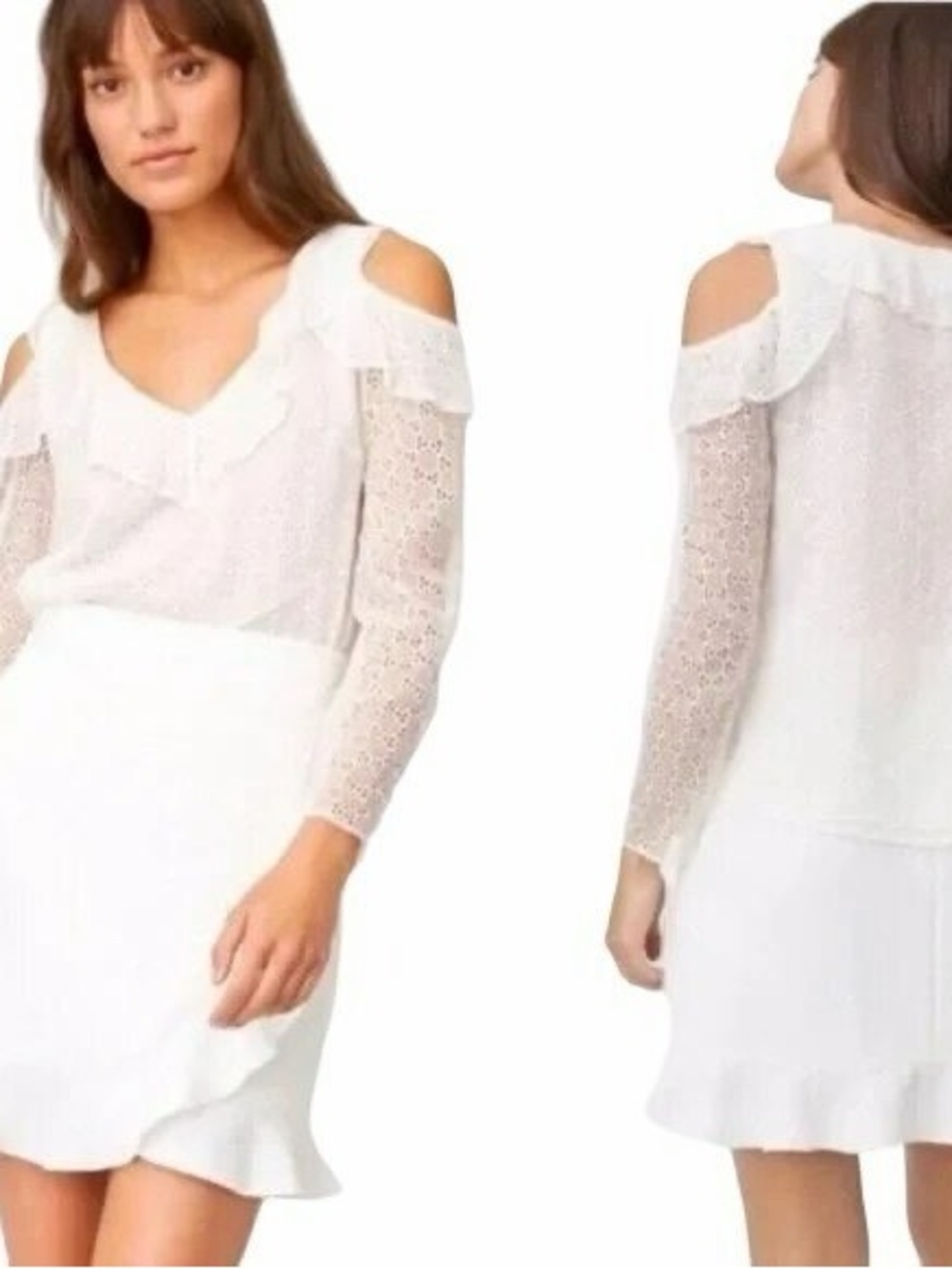 Club Monaco Silk White Cold-Shoulder Lace Blouse